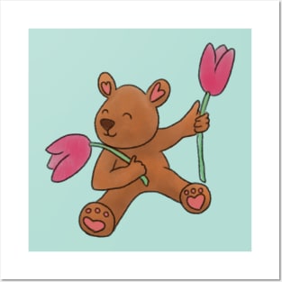 Cute Teddy Bear With Tulips Posters and Art